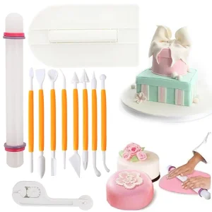 11pcs Fondant Tools Set Cake Decorating Kit with Smoother Sculpting Pen Rolling Pin Rolling Cutter Home Baking Supplies JXB