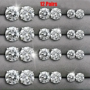 12 Pairs Six Claw Zircon Earrings Set Geometric White Shiny Crystal Wedding Stud Earrings Set for Women Men Jewelry Accessories