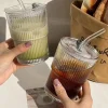 1/2PCS Stripe Glass Cup Transparent Glasses With Lid and Straw Ice Coffee Mug Tea Cup Juice Glass Milk Water Cup Drinkware