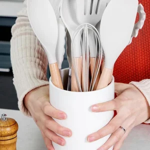12Pcs Kitchen Utensil Set Heat-Resistant Cookware Wooden Handle Non-Stick Spatula Set Spatula Spoon Brush Whisk for Home Kitchen