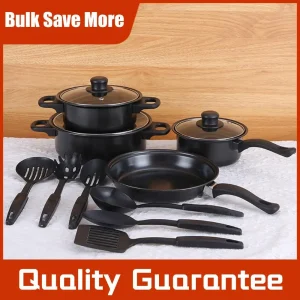 12Pcs Non Stick Cookware Set Deep Frying Pan with Lid Milk Pot Maifan Stone Frying Pan Cooking Pot Set for All Hob