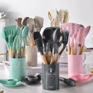 12Pcs Silicone Wooden Handle Kitchenware Set Non Stick Pot Spatula and Spoon Cooking Utensils, Heat-resistant