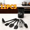 12Pcs/5pcs Silicone Kitchenware Non-Stick Cookware Kitchen Utensils Set Spatula Shovel Egg Beater Wooden Handle Cooking Tool Set