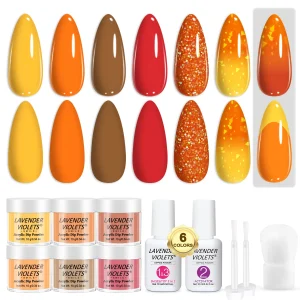 12pcs Dip Powder Nail Kit, 6 Orange Red Yellow Colors Dipping Powder & Essential Base Top Coat Activator for Nail Manicure