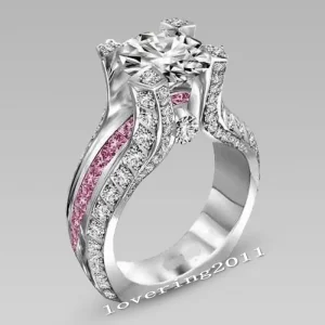 14K White Gold Vintage Lovers Grown Pink Diamond Ring Set Engagement Wedding Rings for Women Men Jewelry
