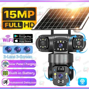 15MP 8K Wifi HD Camera Three Lenses Solar ip Camera Outdoor Wireless Waterproof PIR Night Vision AI Human Tracking Surveillance