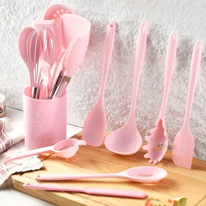 15pcs Pink Silicone Kitchenware with Storage Bucket Spatula Shovel Ladle Cookware Kitchen Utensils Set Non-Stick Cooking Tools