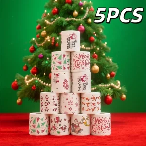 1/5rolls Christmas Toilet Paper Rolls - Festive Santa, Reindeer & Snowman Holiday Prints, Red Top & Evergreen Tree Design