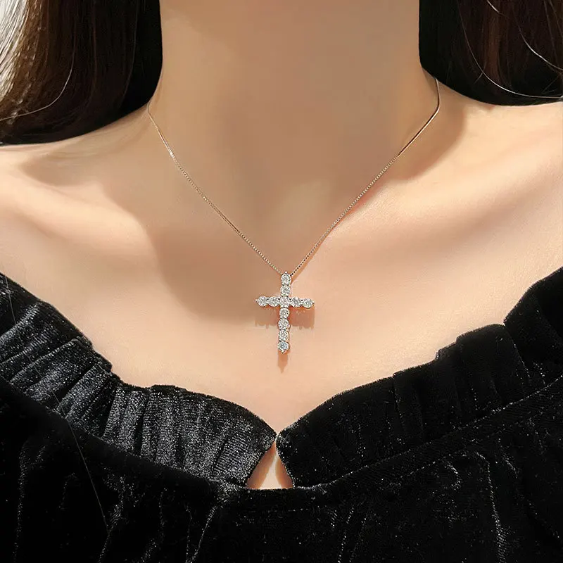 16-24inches Box chain 925 Sterling Silver Shiny crystal classic cross Necklace For Women men Fashion luxury Jewelry fine Gifts - Image 2