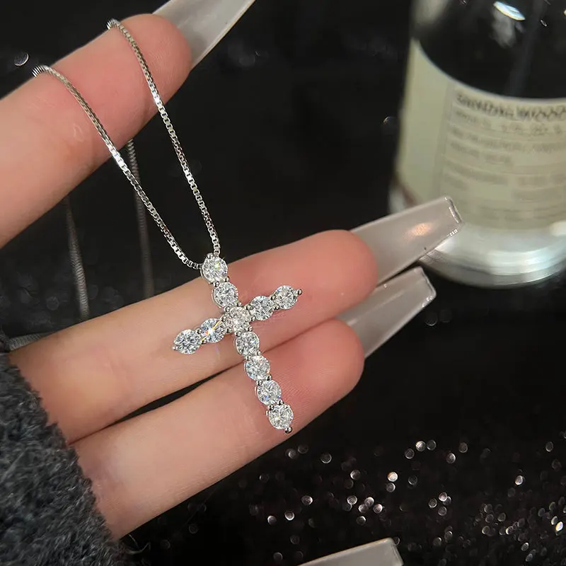 16-24inches Box chain 925 Sterling Silver Shiny crystal classic cross Necklace For Women men Fashion luxury Jewelry fine Gifts - Image 3