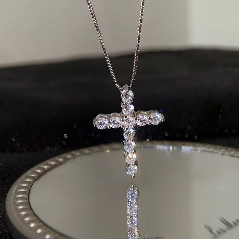 16-24inches Box chain 925 Sterling Silver Shiny crystal classic cross Necklace For Women men Fashion luxury Jewelry fine Gifts - Image 5
