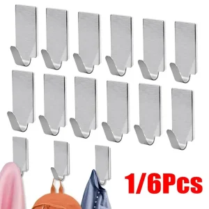 1/6Pcs Self Adhesive Stainless Steel Hook Small Wall Hanger Hook Bathroom Organizer Towel Rack Multi-purpose Kitchen Hook