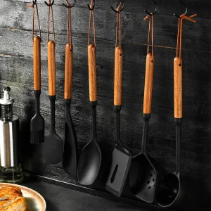 1/7Pcs Black Food Grade Silicone Kitchen Cookware Utensils Spatula Spoon Oil Brush Practical Cooking Tool Kitchenware Set