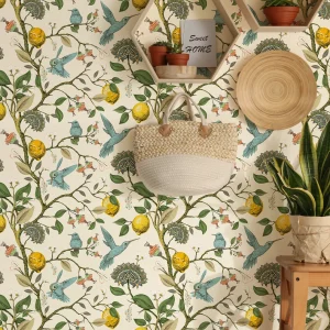 1PC plants lemon, flowers, hummingbirds, blooming garden pattern, thickened moisture-proof waterproof self-adhesive wallpaper