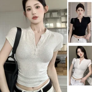1pcs Summer Women T-shirt Girl Button Half Open Collar Tee Shirt Lady Short Sleeve Slim Fit Top Women's Fashion Trend Casual Tee