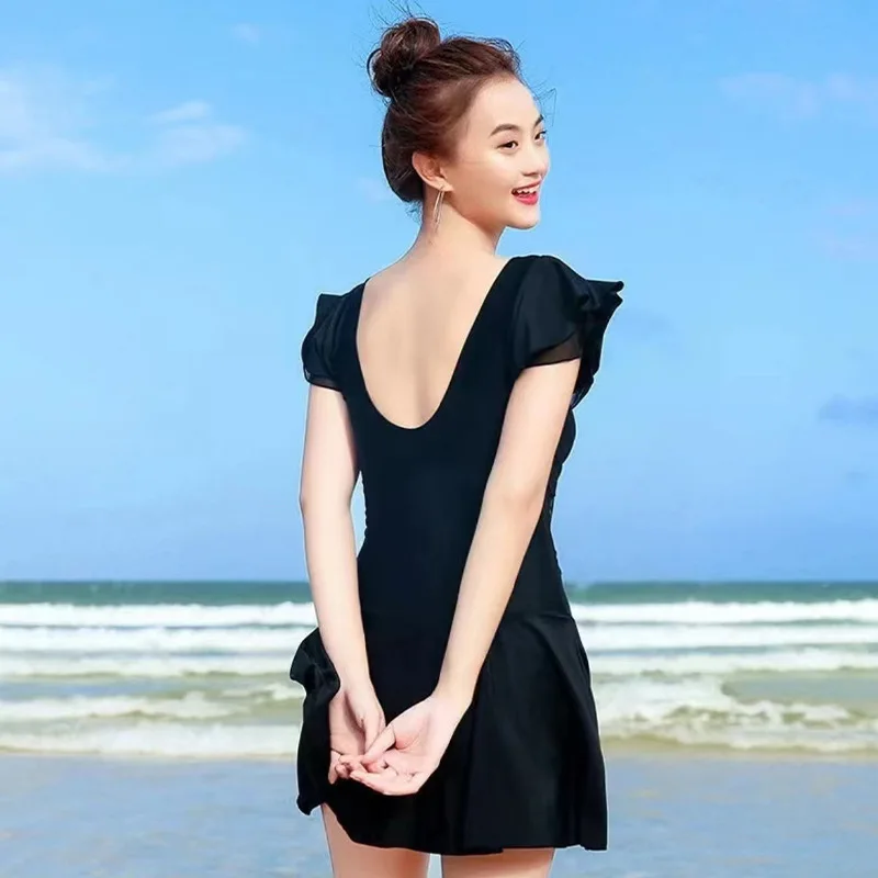 1pcs Women Swimsuit Girls Solid Slimming One-piece Dress Style Tightening Slimming Vacation Swimsuit Female Seaside Beach Dress - Image 3