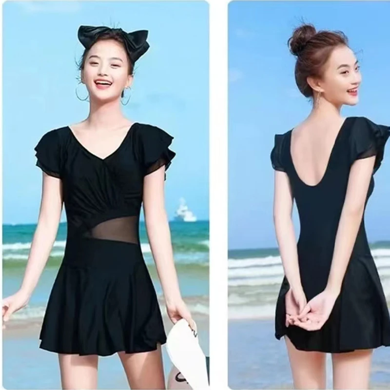 1pcs Women Swimsuit Girls Solid Slimming One-piece Dress Style Tightening Slimming Vacation Swimsuit Female Seaside Beach Dress - Image 4
