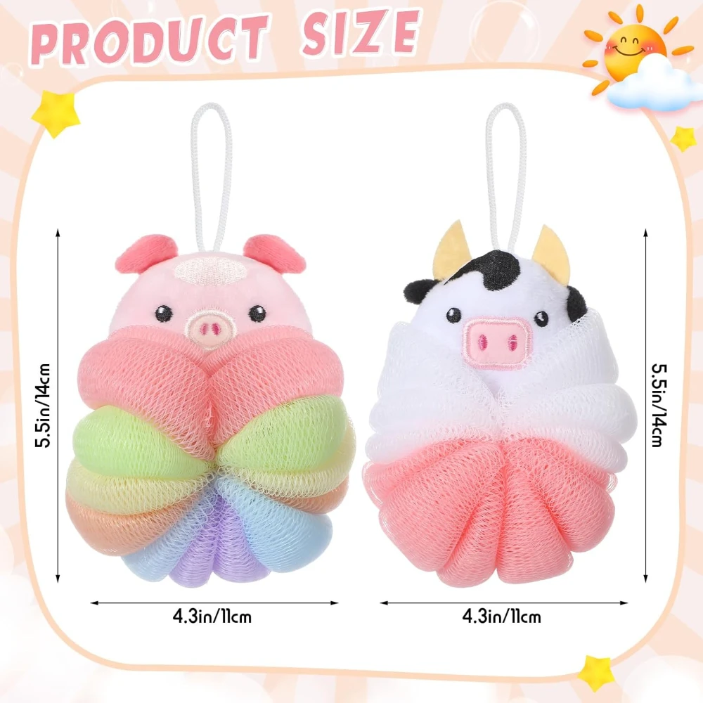 2 Pcs Bath Loofahs, Kids Toddler Cute Cartoon Bath Sponges, Loofah Bath Pouf, Body Scrubber Mesh Loofah Sponges (Animal) - Image 2