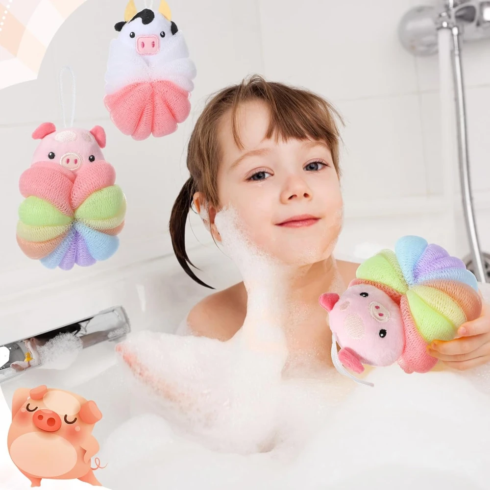 2 Pcs Bath Loofahs, Kids Toddler Cute Cartoon Bath Sponges, Loofah Bath Pouf, Body Scrubber Mesh Loofah Sponges (Animal) - Image 3