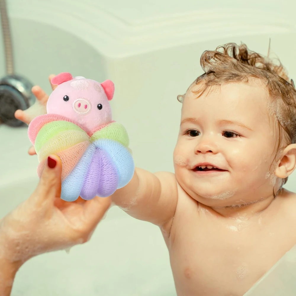 2 Pcs Bath Loofahs, Kids Toddler Cute Cartoon Bath Sponges, Loofah Bath Pouf, Body Scrubber Mesh Loofah Sponges (Animal) - Image 4