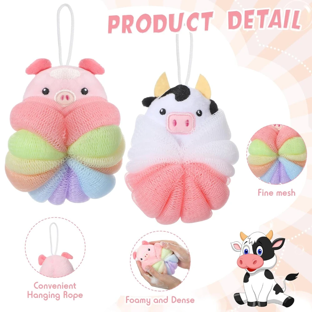 2 Pcs Bath Loofahs, Kids Toddler Cute Cartoon Bath Sponges, Loofah Bath Pouf, Body Scrubber Mesh Loofah Sponges (Animal) - Image 5