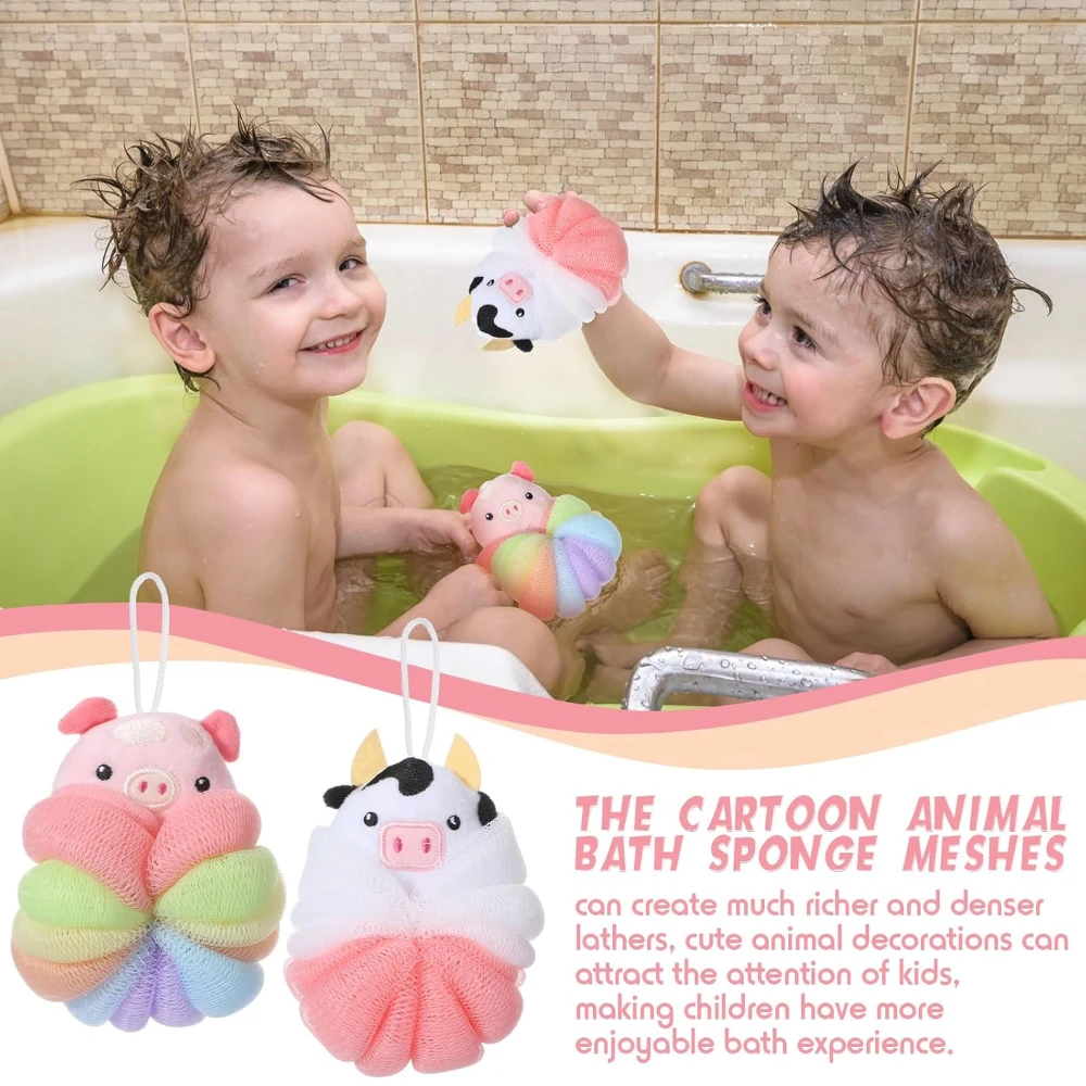 2 Pcs Bath Loofahs, Kids Toddler Cute Cartoon Bath Sponges, Loofah Bath Pouf, Body Scrubber Mesh Loofah Sponges (Animal) - Image 6