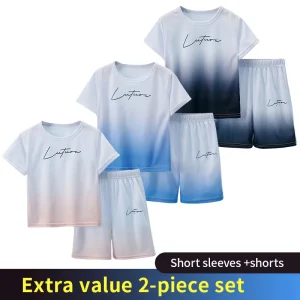 2 Pcs Children's Tie-dye Gradient Suit Boy Sports Training Running Short-sleeved Girls Casual Joker Elastic Waist Shorts 4-12Y