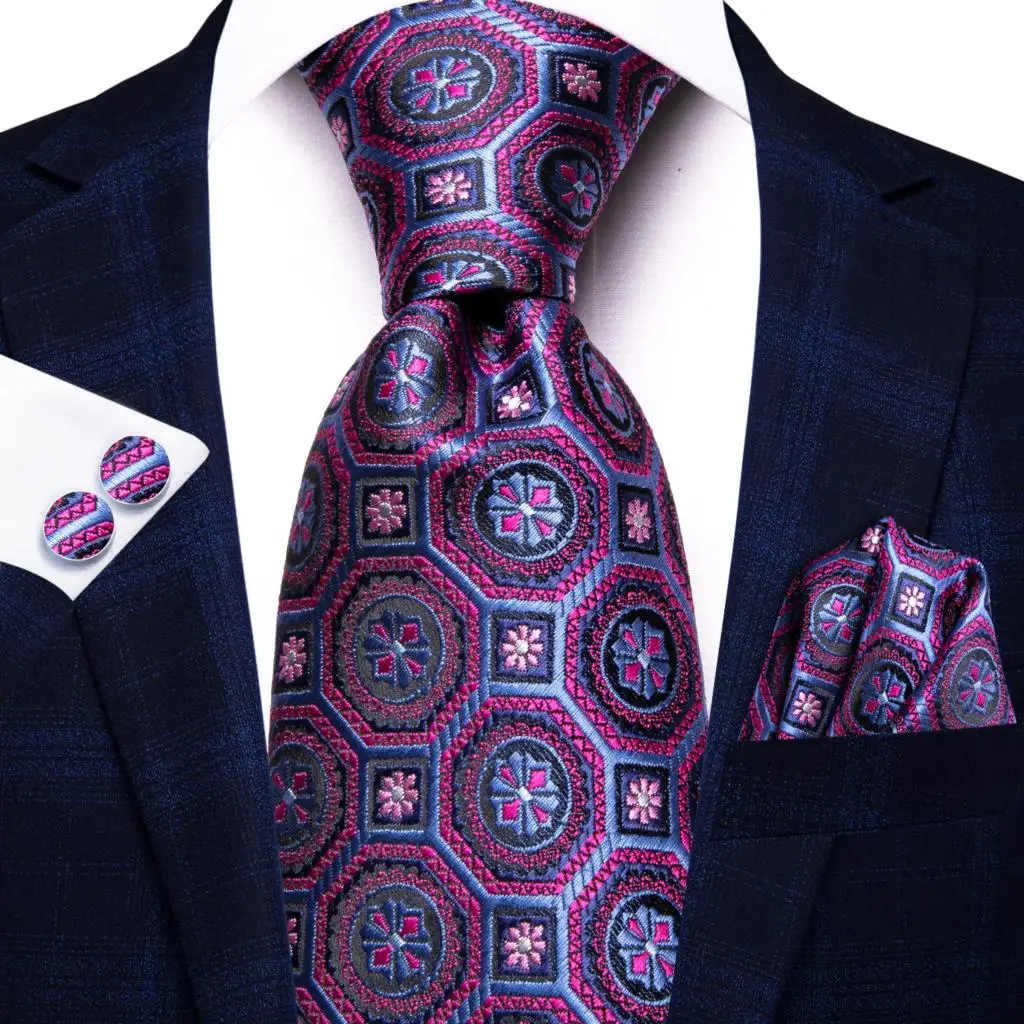 2023 New Plaid Purple Fashion Brand Silk Elegent Ties for Men Party Necktie Handky Cufflinks Wholesale Wedding Hi-Tie Designer - Image 2