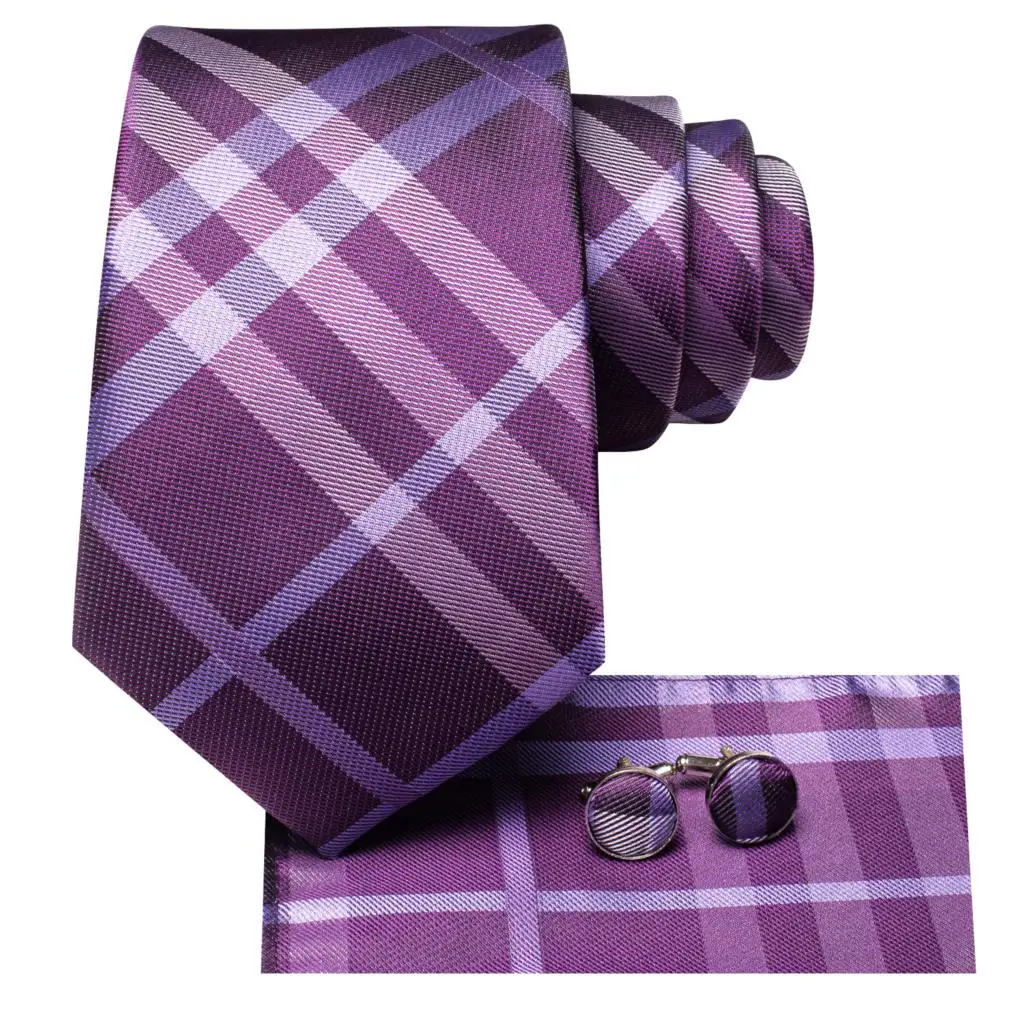 2023 New Plaid Purple Fashion Brand Silk Elegent Ties for Men Party Necktie Handky Cufflinks Wholesale Wedding Hi-Tie Designer - Image 6