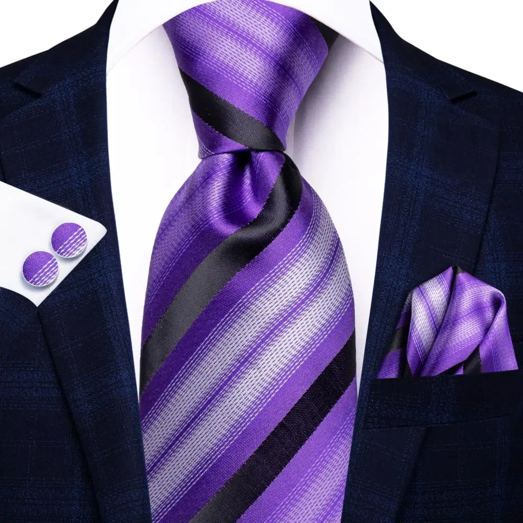 2023 New Plaid Purple Fashion Brand Silk Elegent Ties for Men Party Necktie Handky Cufflinks Wholesale Wedding Hi-Tie Designer - Image 3