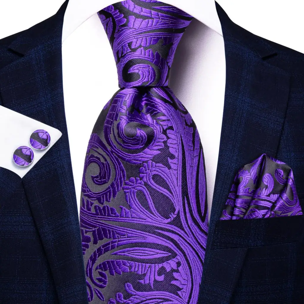 2023 New Plaid Purple Fashion Brand Silk Elegent Ties for Men Party Necktie Handky Cufflinks Wholesale Wedding Hi-Tie Designer - Image 4