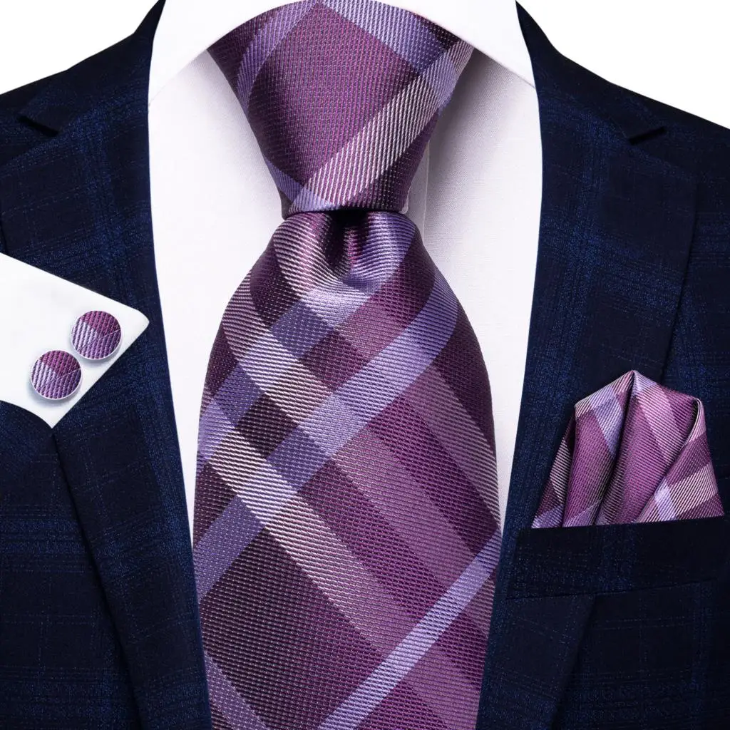2023 New Plaid Purple Fashion Brand Silk Elegent Ties for Men Party Necktie Handky Cufflinks Wholesale Wedding Hi-Tie Designer - Image 5