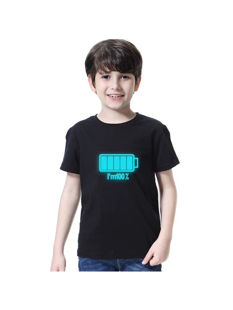 2024 Boys New Night Noctilucent T-shirt Battery Pattern Tops Children Summer Cotton Shirt 3-14T - Image 4
