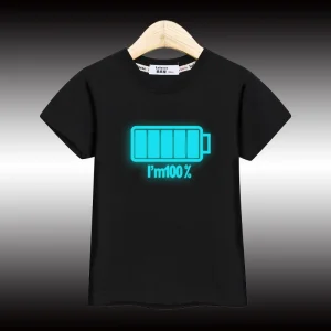 2024 Boys New Night Noctilucent T-shirt Battery Pattern Tops Children Summer Cotton Shirt 3-14T