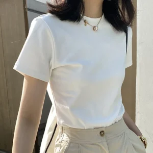 2024 Fashion Women Cotton Half High collar Short Sleeve T-shirts Summer Solid Color Elegant Tee Casual Tops