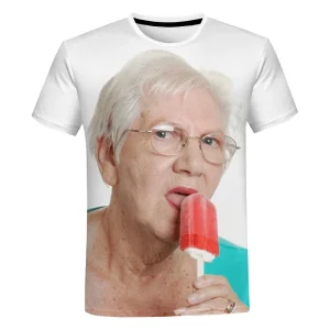 2024 Summer New Creative Funny Lady Licking Red Popsicle 3D Printed T-shirt Cute Grandma Funny Popsicle T-shirt Casual Loose Top