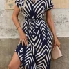 2024 Summer New Fashion Clothing Women's Elegant And Casual V-neck Short Sleeved Stripe Belt Comfortable Dress