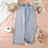2024 Summer Trend Teen Girls Casual All-in-one Denim Wide-leg Pants for Outdoor Activities