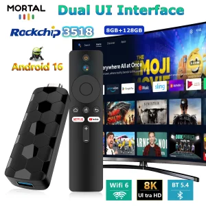 2025 New R3+ Smart Android TV Stick Rockchip RK3518 with Wifi6 Dual Brand 8GB 128GB 8K 3D HDR Google Voice Remote DC 5V 2A