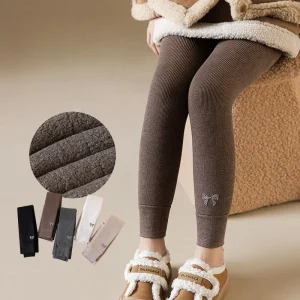 2025 Winter Warm Tights For Girls Fleece Lined Bowknot Embroidery Leggings 3-15Y Children Cute Bottoms