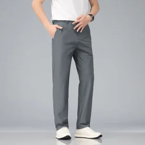 2026 Summer Men Twill High Stretch Slim Fit Ice Silk Casual Trousers Male Classic Business Fashion Versatile Black Gray Pants