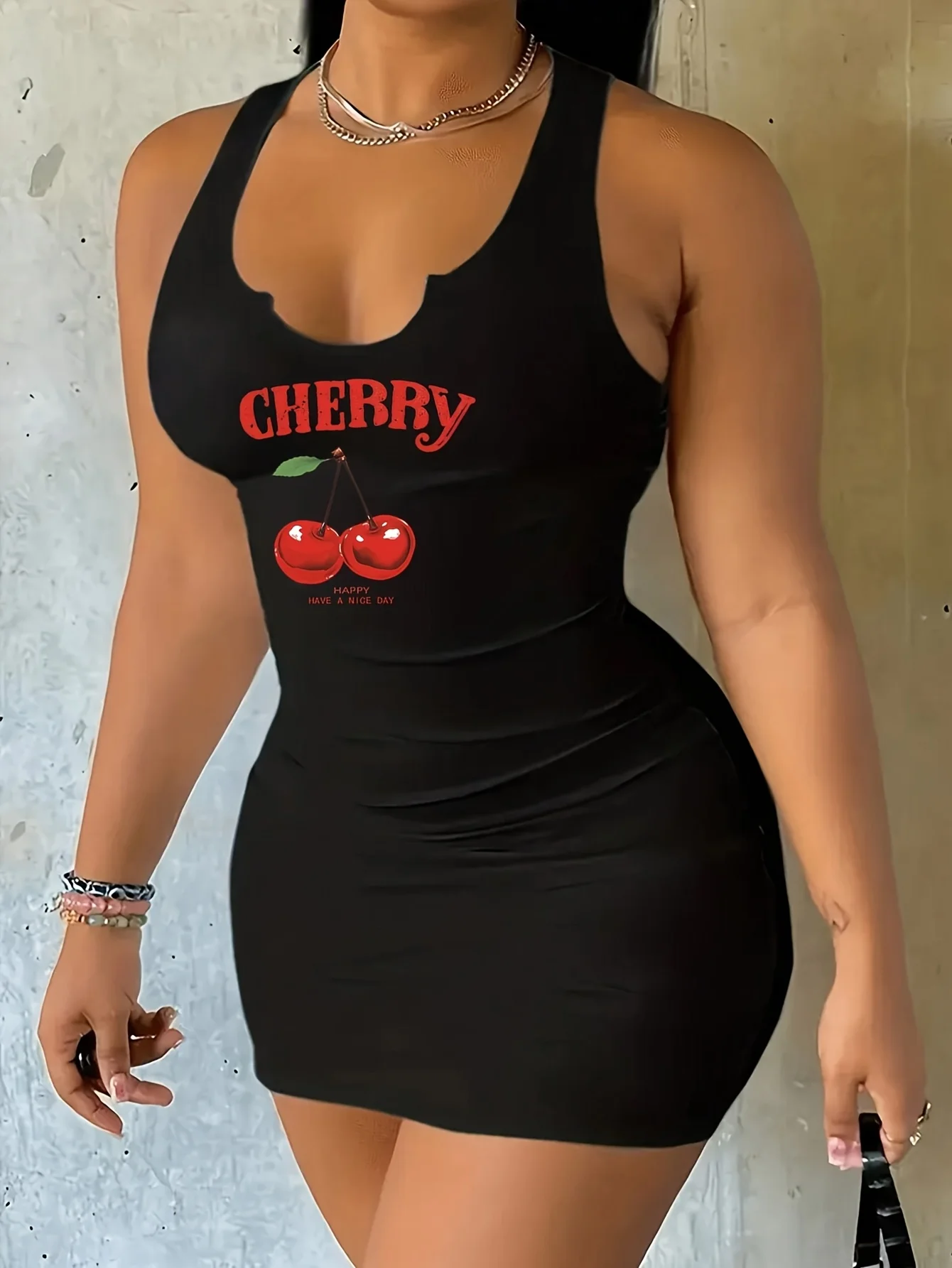 2026 new casual sexy cherry print round neck vest dress, spring and summer casual sleeveless tight dress, popular style - Image 2