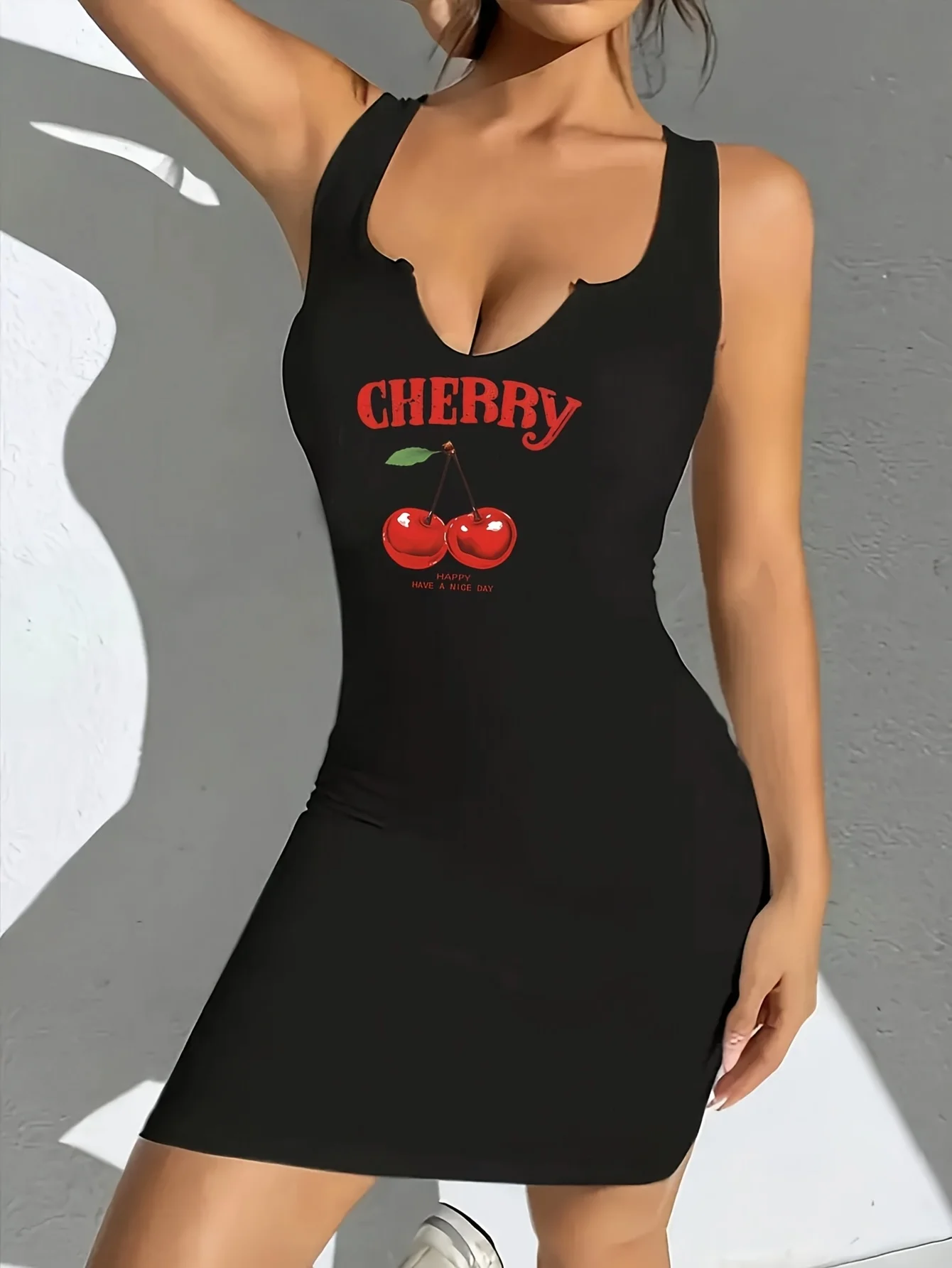2026 new casual sexy cherry print round neck vest dress, spring and summer casual sleeveless tight dress, popular style - Image 3