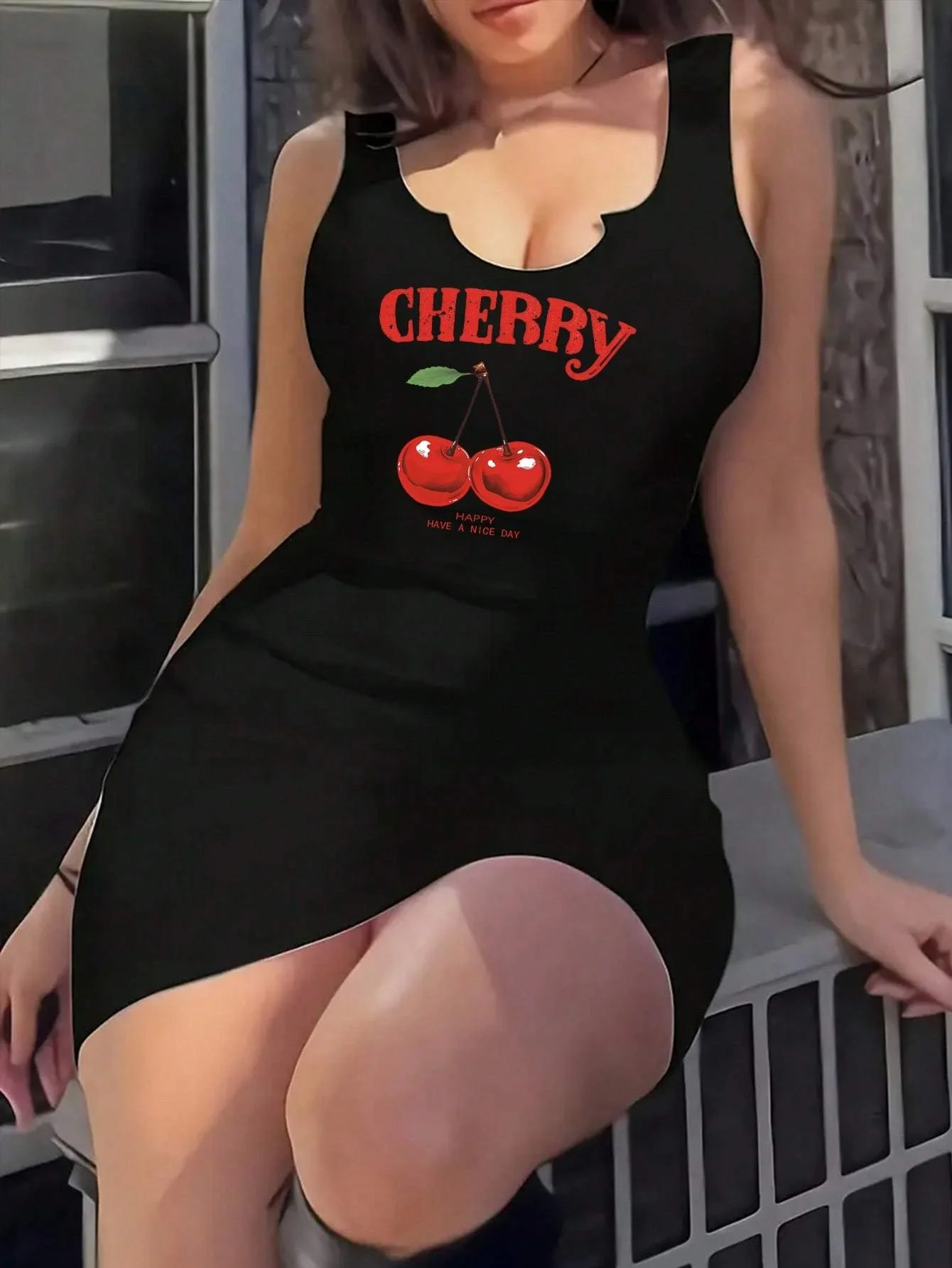 2026 new casual sexy cherry print round neck vest dress, spring and summer casual sleeveless tight dress, popular style