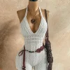 2026Women's Crochet Halter Romper White Hollow Out Backless Slim Fit Knitted Bodysuit for Beach Vacation Summer Festival