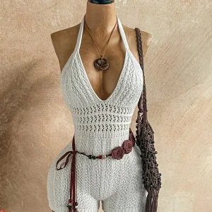 2026Women's Crochet Halter Romper White Hollow Out Backless Slim Fit Knitted Bodysuit for Beach Vacation Summer Festival