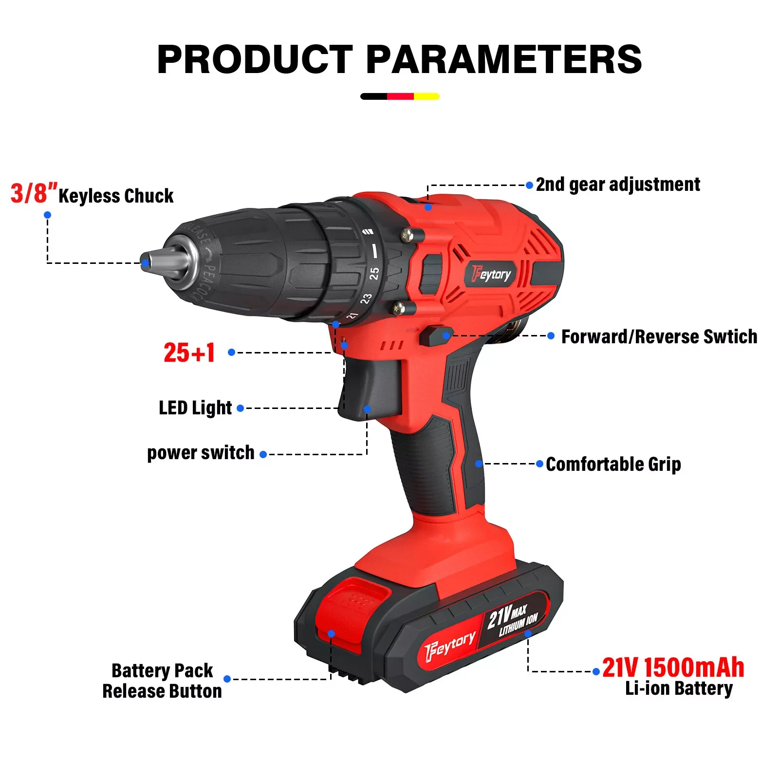 21V Battery Drill,Electric Screwdriver with 45 Nm, 25+1 Tightening Torque Settings,29PCS Accessories,LED Light,Safety Lock Drill - Image 2