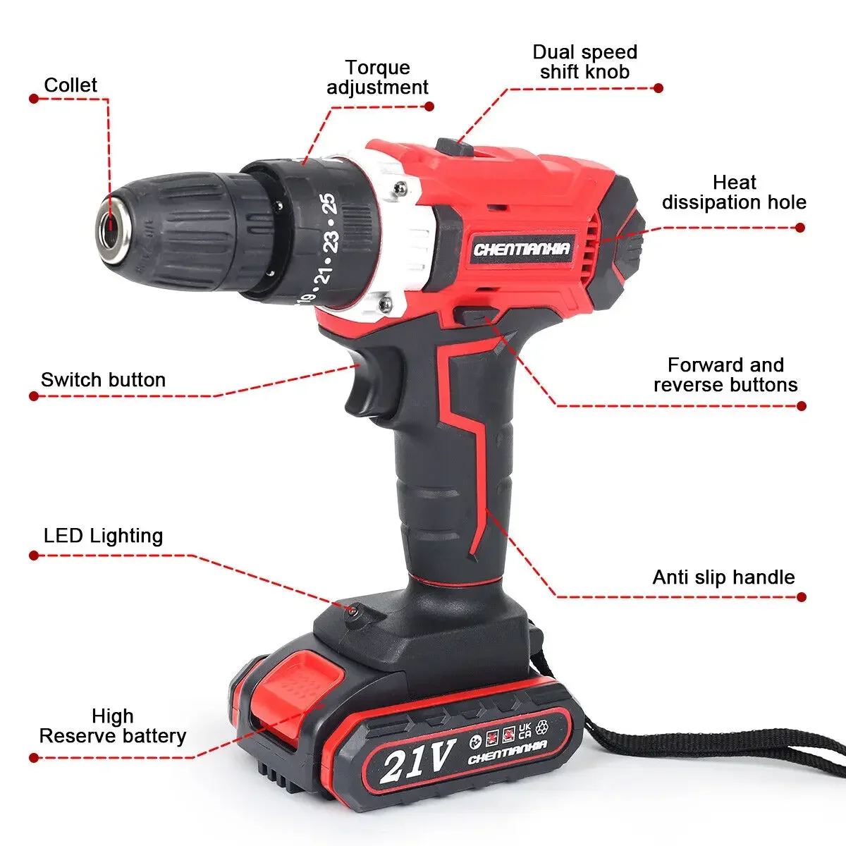 21V Cordless Hand Drill Combi Hammer Impact Drill Driver Electric Screwdriver 2 Battery Set - Image 4