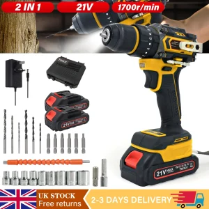 21V Cordless Impact Drill Driver Brushless Electric Screwdriver Kit +2 Battery