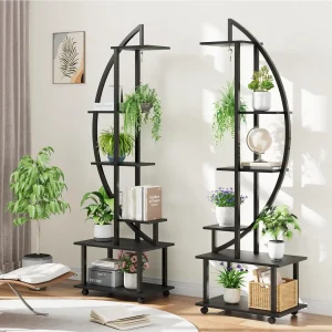 2pcs Half Moon Shape Plant Stands 6 Tier Large Plant Display Stand Metal In With Detachable Wheels for Home Patio Lawn Balcony